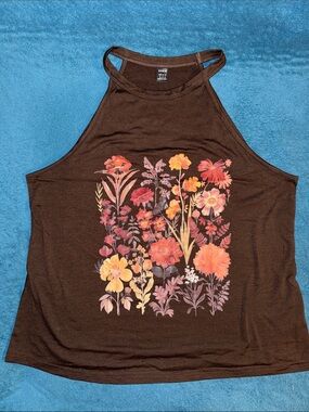 SHEIN Brown High-Neck Floral Tank Top